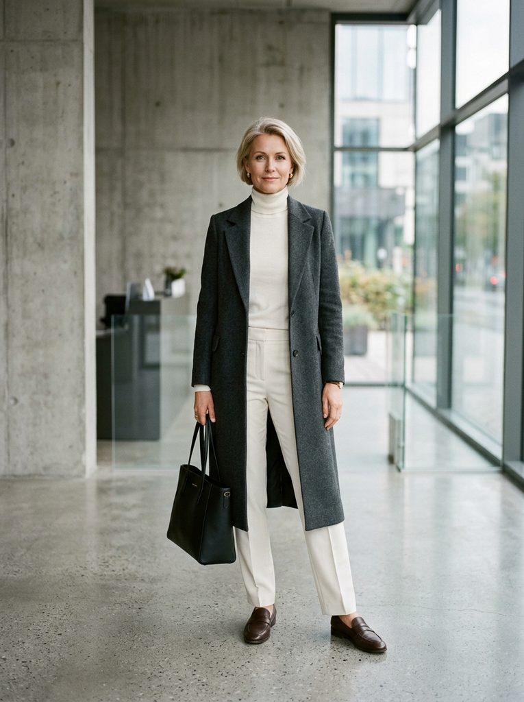 Woman standing in an office lobby wearing high-waisted wide-leg wool trousers with a fine-gauge cashmere crewneck