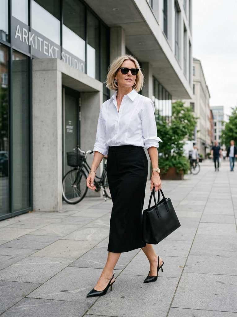 Woman walking outside a design studio wearing an oversized white cotton poplin shirt tucked into a straight midi column skirt