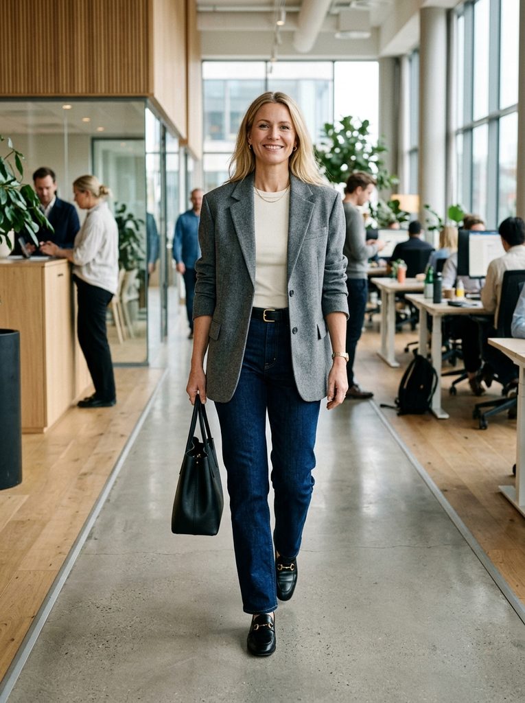 Woman wearing a relaxed single-breasted wool blazer over dark rigid straight-leg jeans