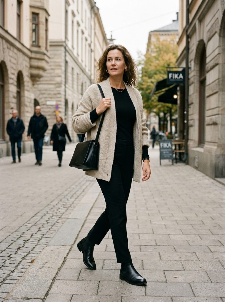 Woman wearing an oversized heavy-knit cardigan open over a black fitted top and slim trousers
