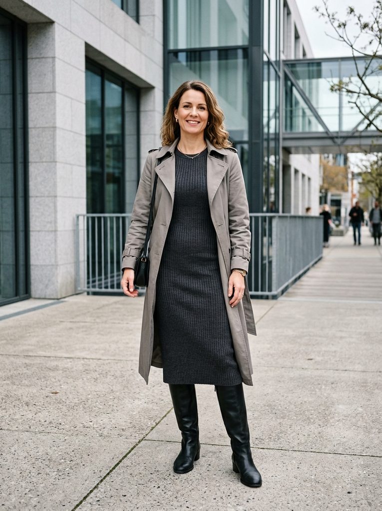 Woman wearing a monochrome ribbed wool knit midi dress with an open trench coat layered over it