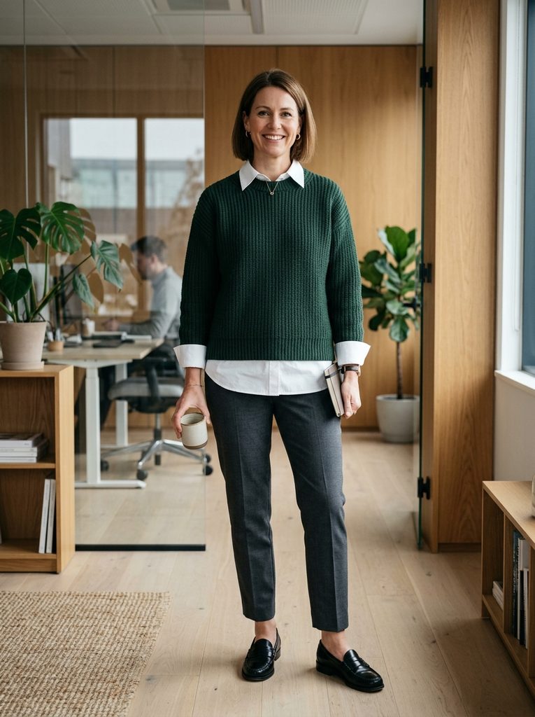 Woman wearing a boxy wool crewneck sweater layered over a white button-down shirt, with slim tailored trousers