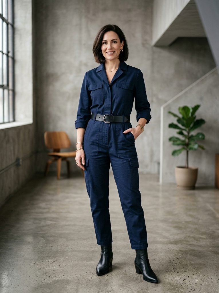 Woman wearing a belted utility boiler suit in a dark neutral with rolled cuffs and ankle boots