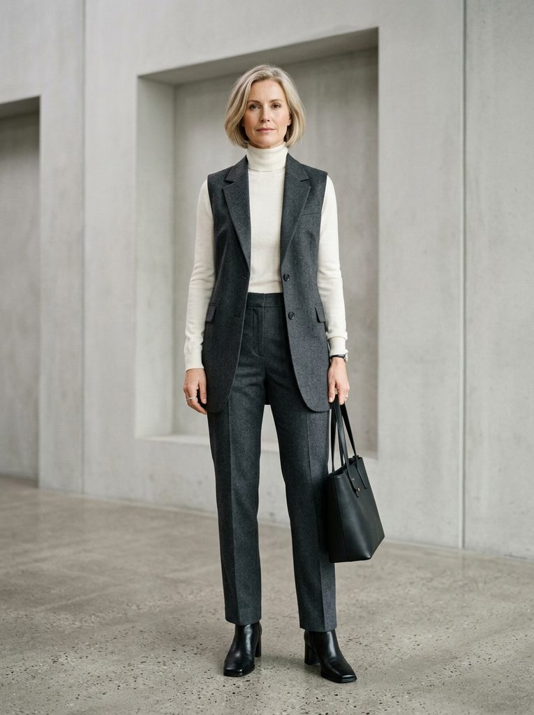 Woman wearing a longline sleeveless tailored vest layered over a fine-gauge turtleneck and straight trousers