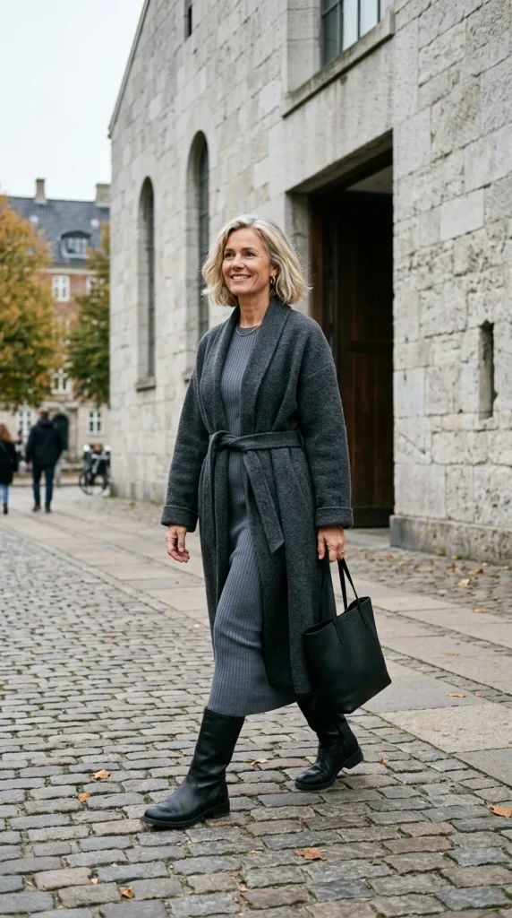 Woman wearing a charcoal boiled wool wrap coat over a long slate ribbed knit column dress with mid-calf boots