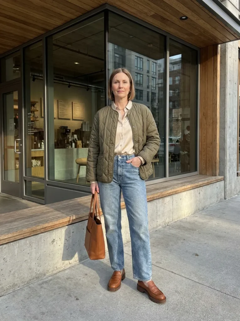 Woman wearing a belted charcoal wrap coat over a fine merino turtleneck with black leather trousers and ankle boots