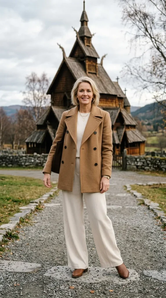 Woman in a structured camel wool peacoat worn open over ivory wide-leg silk trousers and a silk-cashmere sweater