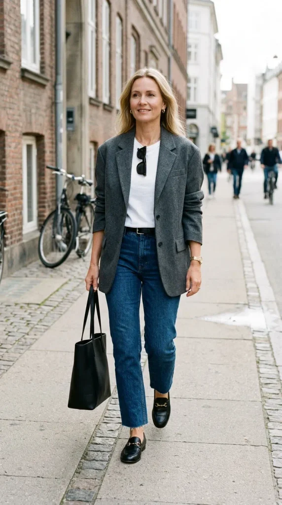 Woman wearing an oversized houndstooth patterned blazer with a thin black turtleneck and wide-leg pleated trousers