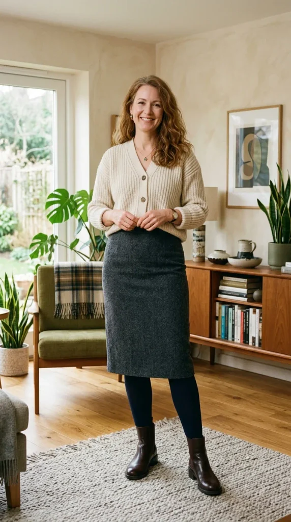 Woman in a crisp white cotton poplin button-down shirt tucked into a pleated midi skirt