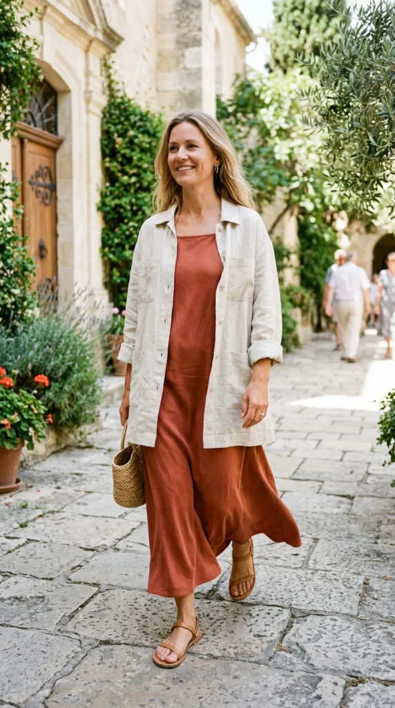 Woman wearing an oat-coloured cashmere mock-neck sweater tucked into a sand pleated crepe midi skirt