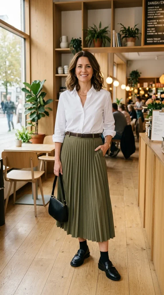 Woman in a chunky cable-knit cardigan buttoned to the mid torso over a high-waisted pencil skirt