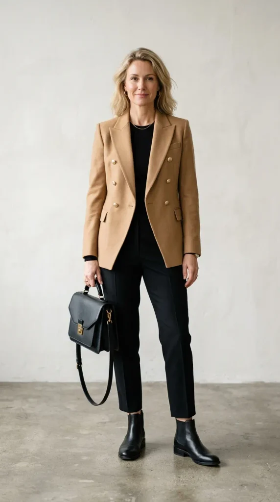 Woman wearing a structured double-breasted camel blazer over a black fine-knit top and black ankle-length trousers