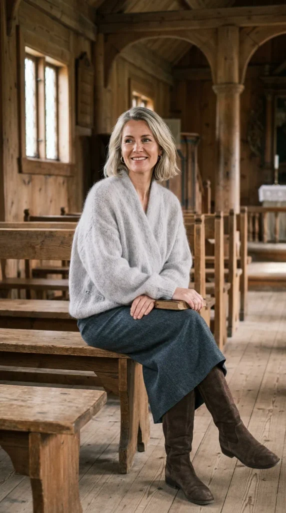 Woman wearing a soft oatmeal brushed mohair wrap cardigan over a straight grey column midi skirt with suede boots