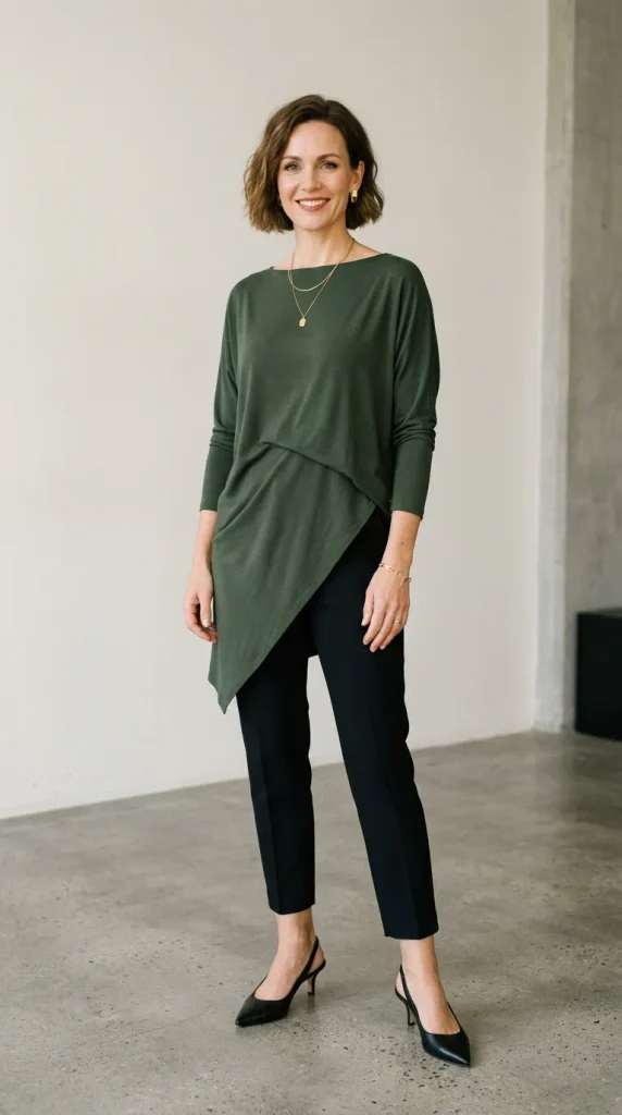 Woman wearing an asymmetrical draped tunic over tailored cigarette trousers with a clean ankle hem