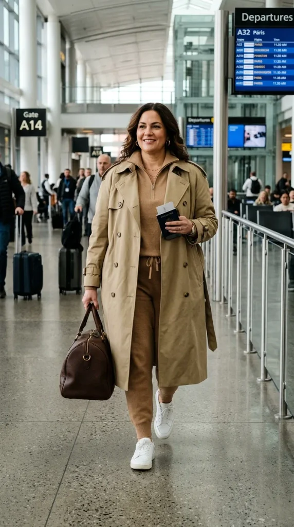 Woman wearing a dark A-line pinafore dress layered over a striped cotton shirt with rolled sleeves