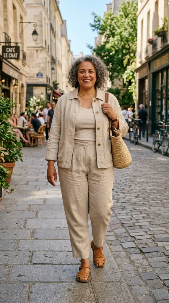 Woman wearing a long collarless quilted moss-green coat over a chunky knit and straight leather-look trousers
