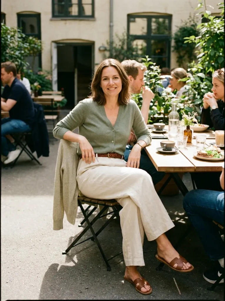 Woman wearing a beige trench coat over a navy and white striped Breton top with dark tailored trousers