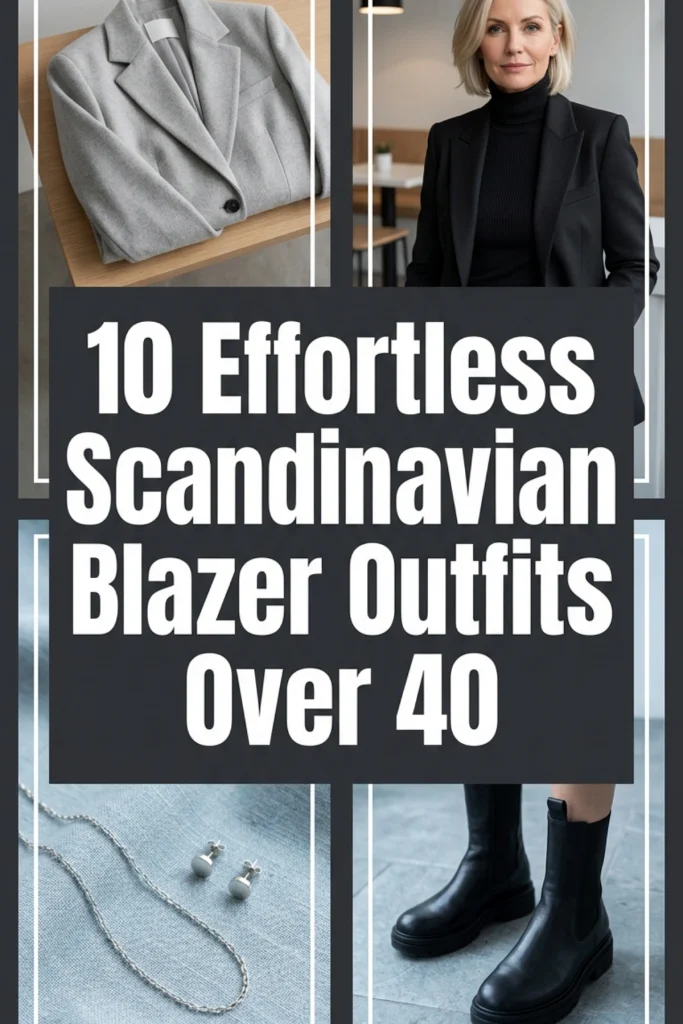 Woman over 40 wearing a relaxed grey wool blazer over a plain white t-shirt with straight-leg blue jeans
