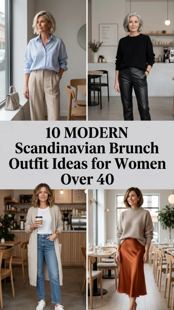 Woman over 40 wearing a long camel wool coat over a cream cable knit sweater with wide charcoal trousers