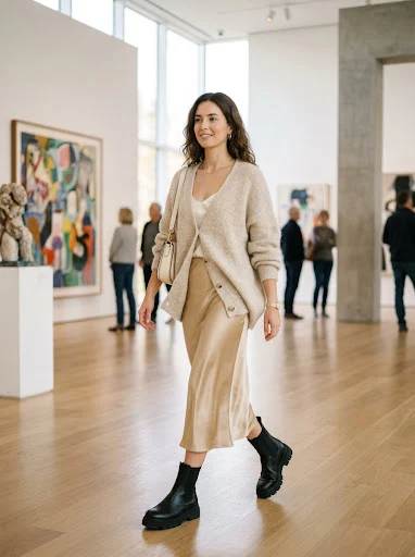 Woman in a long camel ribbed wool duster cardigan worn open over a black mock-neck top and black straight-leg trousers with pointed ankle boots
