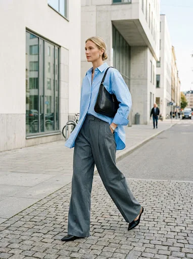 Woman in a relaxed oatmeal cashmere crewneck sweater with wide off-white linen trousers and woven tan leather mules