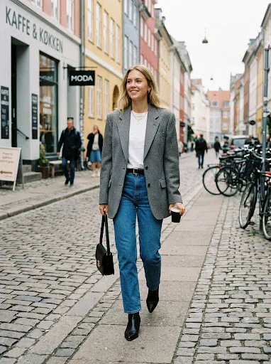 Woman in a chunky cream cable-knit fisherman sweater half-tucked into relaxed vintage-washed light blue jeans