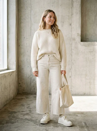 Woman wearing a charcoal double-breasted boxy blazer over a white t-shirt and heather grey French terry sweatpants with chunky trainers