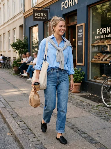 Oversized white poplin shirt half-tucked into straight-leg blue jeans