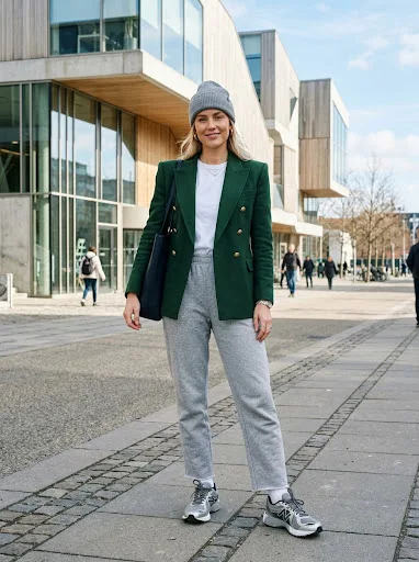 Woman wearing a matte black puffer vest over a grey hoodie with straight-leg medium-blue jeans and chunky trail sneakers