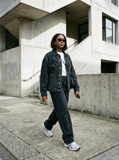 Woman in black vegan leather trousers with an oversized charcoal mohair sweater and low-top chunky runners with white soles