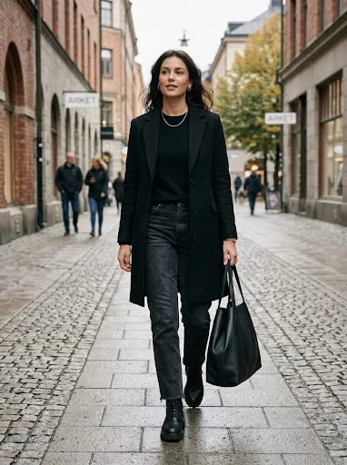 Woman wearing a cropped cream bouclé jacket over high-rise mid-blue flare jeans with block-heel ankle boots