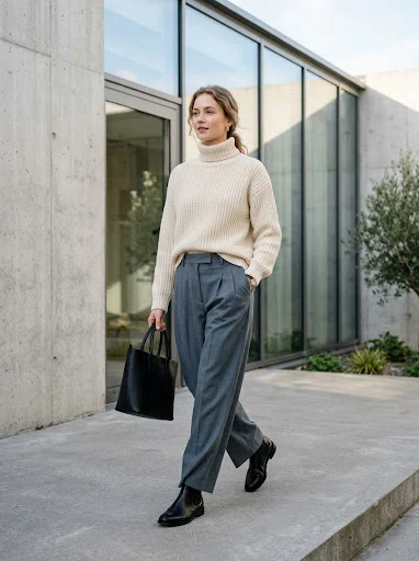 Woman in a soft grey cashmere crewneck sweater front-tucked into an olive bias-cut satin midi skirt