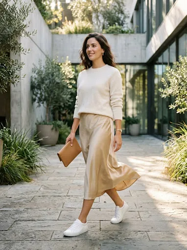 Woman wearing a navy and white striped Breton knit with high-rise wide-leg oatmeal linen trousers and leather slide sandals