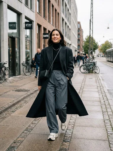 Woman in a washed black oversized denim trucker jacket and matching wide-leg jeans with silver and white mesh chunky runners