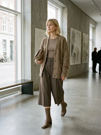 Oversized taupe bouclé button-front cardigan worn over a taupe tank with pleated wide-leg taupe culottes