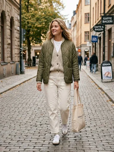 Woman wearing an oatmeal sleeveless knit vest over an oversized light blue Oxford shirt with wide-leg charcoal trousers and derby shoes