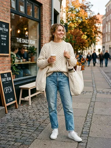 Woman in an oversized taupe V-neck cardigan worn buttoned as a top with light-wash vintage straight-leg jeans