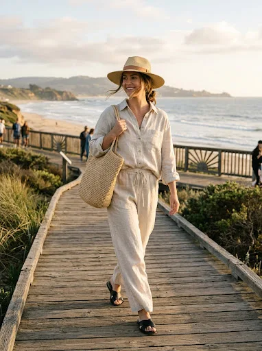 Woman wearing an oatmeal linen co-ord set of oversized shirt and wide-leg trousers over a white ribbed tank with black leather slide sandals and a raffia basket bag