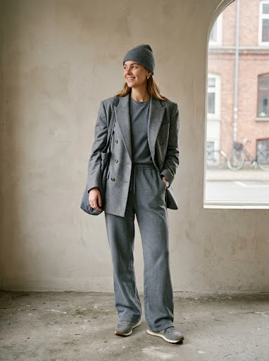 Oversized cloud grey poplin button-down shirt half-tucked into tailored pale grey sweatshorts above the knee